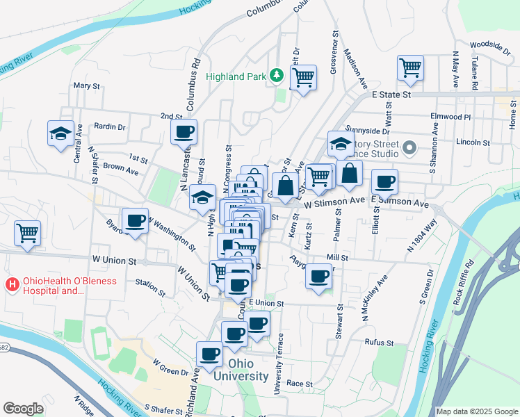 map of restaurants, bars, coffee shops, grocery stores, and more near 19 East Carpenter Street in Athens