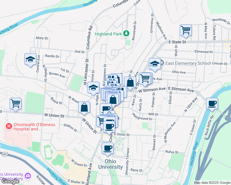 map of restaurants, bars, coffee shops, grocery stores, and more near 86 North Court Street in Athens