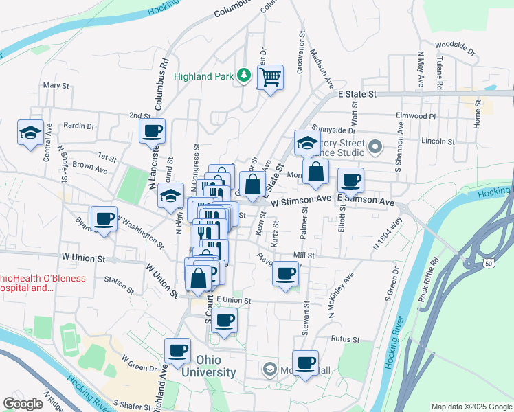 map of restaurants, bars, coffee shops, grocery stores, and more near 57E West State Street in Athens
