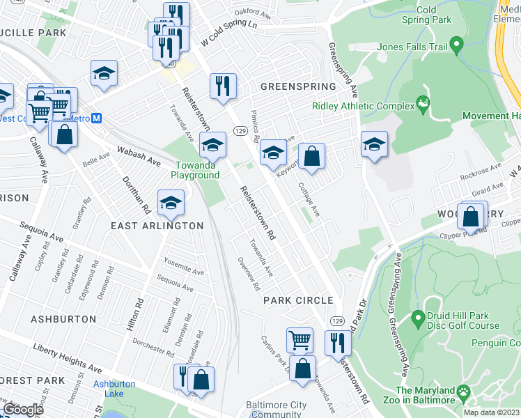 map of restaurants, bars, coffee shops, grocery stores, and more near 3817 Reisterstown Road in Baltimore