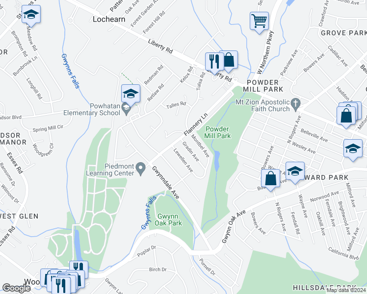 map of restaurants, bars, coffee shops, grocery stores, and more near 5429 Gradin Avenue in Lochearn