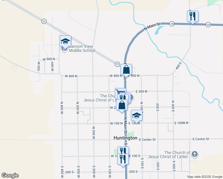 map of restaurants, bars, coffee shops, grocery stores, and more near 92 West 300 North in Huntington