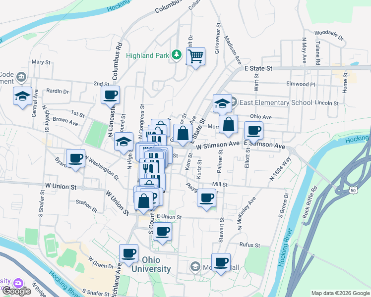 map of restaurants, bars, coffee shops, grocery stores, and more near 57E West State Street in Athens