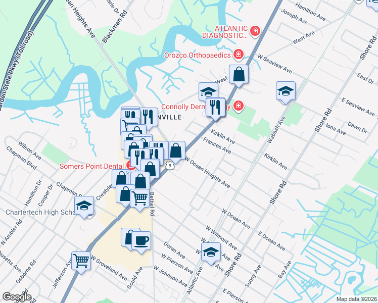 map of restaurants, bars, coffee shops, grocery stores, and more near 412 West Ocean Heights Avenue in Linwood