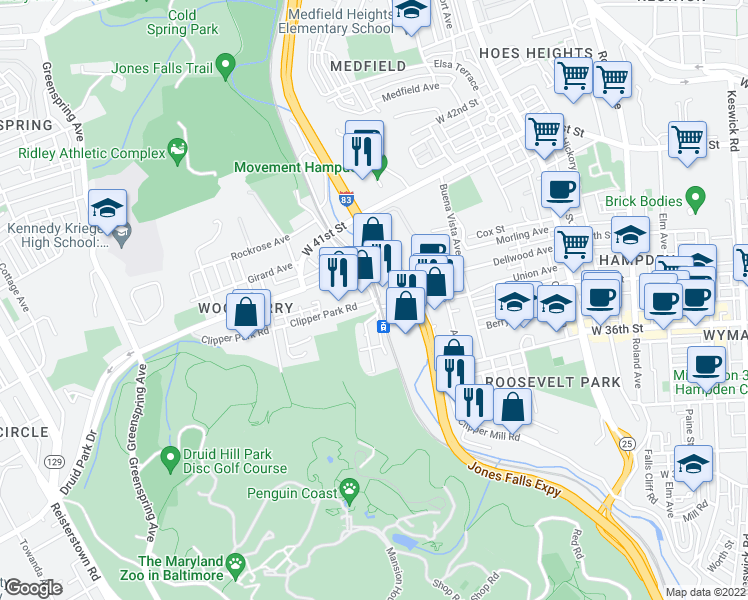 map of restaurants, bars, coffee shops, grocery stores, and more near Clipper Park Rd & Clipper Rd in Baltimore