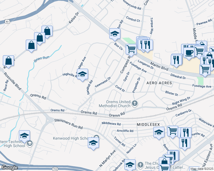 map of restaurants, bars, coffee shops, grocery stores, and more near 110 Compass Road in Middle River