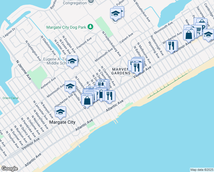 map of restaurants, bars, coffee shops, grocery stores, and more near 9 North Delavan Avenue in Margate City