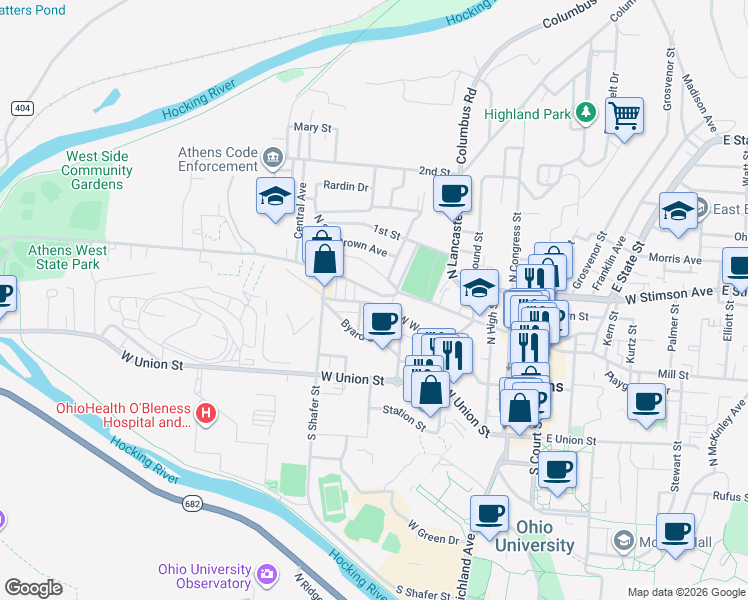 map of restaurants, bars, coffee shops, grocery stores, and more near 16 Maple Street in Athens