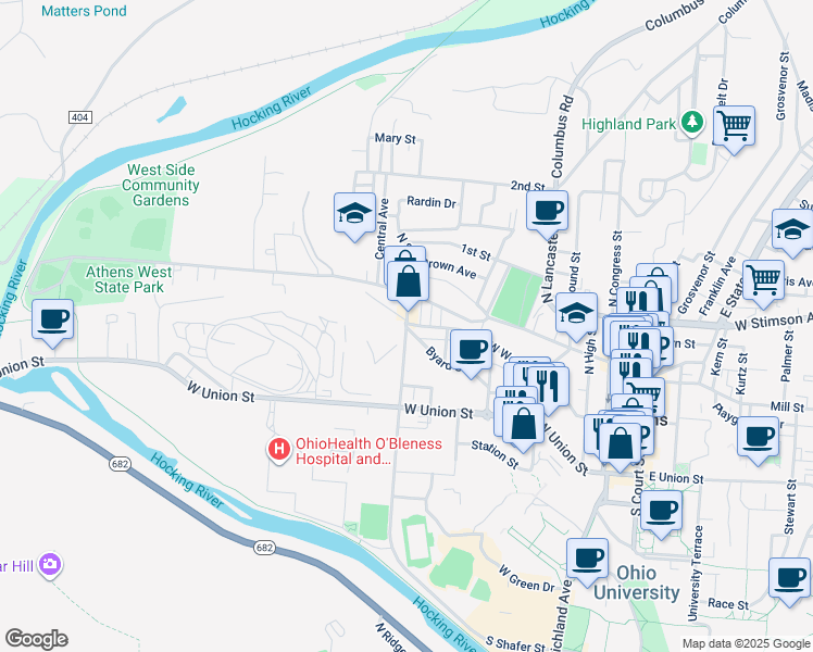 map of restaurants, bars, coffee shops, grocery stores, and more near 20 South Shafer Street in Athens