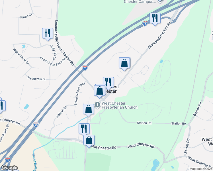 map of restaurants, bars, coffee shops, grocery stores, and more near 8880 Walnut Street in Olde West Chester