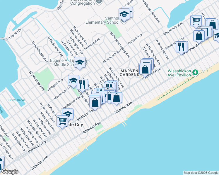 map of restaurants, bars, coffee shops, grocery stores, and more near 4 North Douglas Avenue in Margate City
