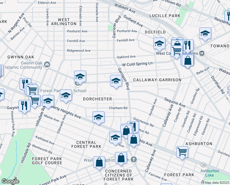 map of restaurants, bars, coffee shops, grocery stores, and more near 3910 Barrington Road in Baltimore