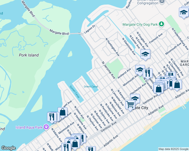 map of restaurants, bars, coffee shops, grocery stores, and more near 412 North Nassau Avenue in Margate City