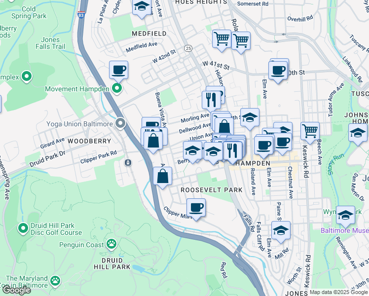 map of restaurants, bars, coffee shops, grocery stores, and more near 1340 West 37th Street in Baltimore