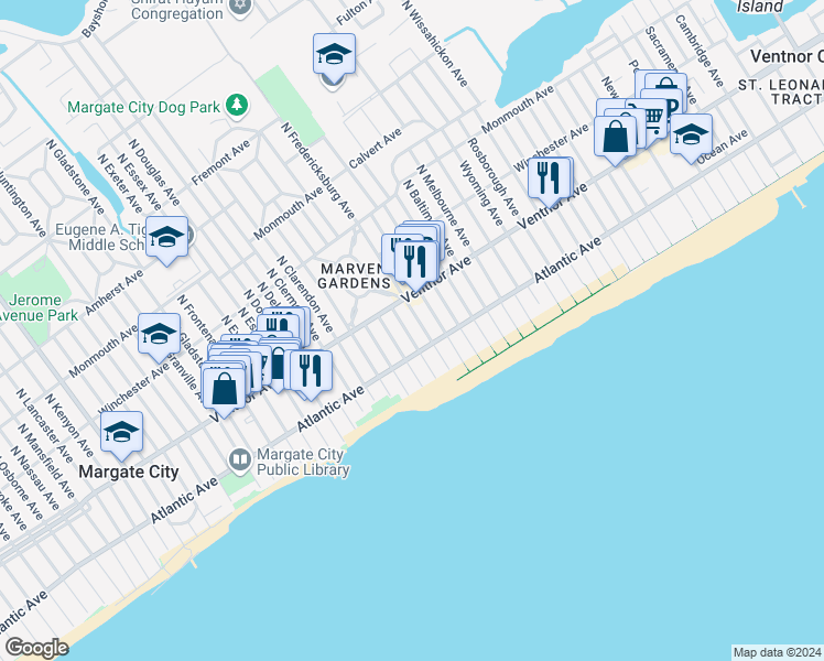 map of restaurants, bars, coffee shops, grocery stores, and more near 15 South Andover Avenue in Margate City