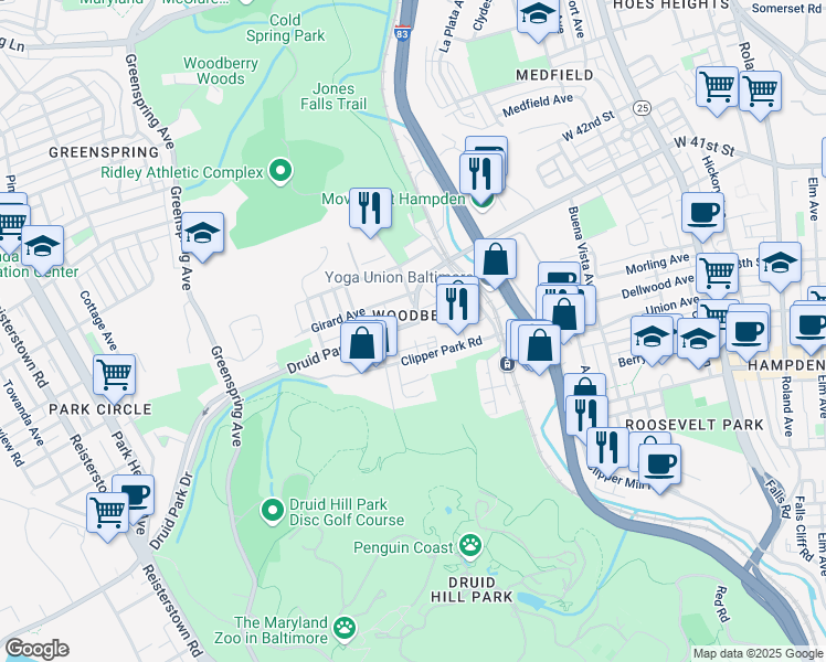 map of restaurants, bars, coffee shops, grocery stores, and more near 2061 Druid Park Drive in Baltimore