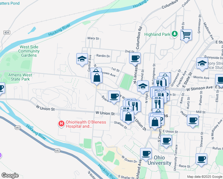 map of restaurants, bars, coffee shops, grocery stores, and more near 16 Maple Street in Athens