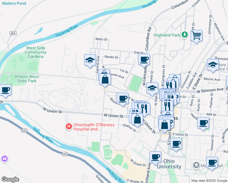 map of restaurants, bars, coffee shops, grocery stores, and more near 16 Maple Street in Athens