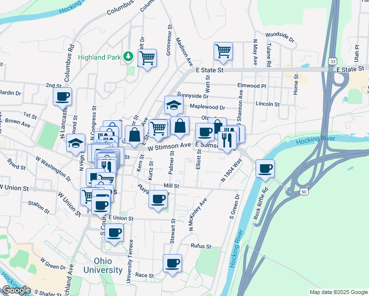 map of restaurants, bars, coffee shops, grocery stores, and more near 27 Palmer Street in Athens