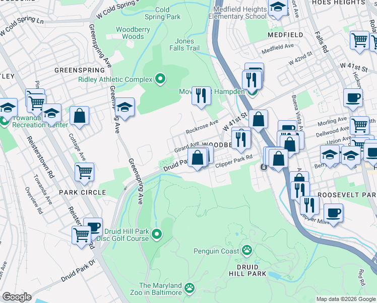map of restaurants, bars, coffee shops, grocery stores, and more near 3608 Keystone Avenue in Baltimore