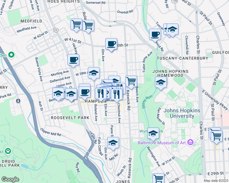 map of restaurants, bars, coffee shops, grocery stores, and more near 3608 Chestnut Avenue in Baltimore