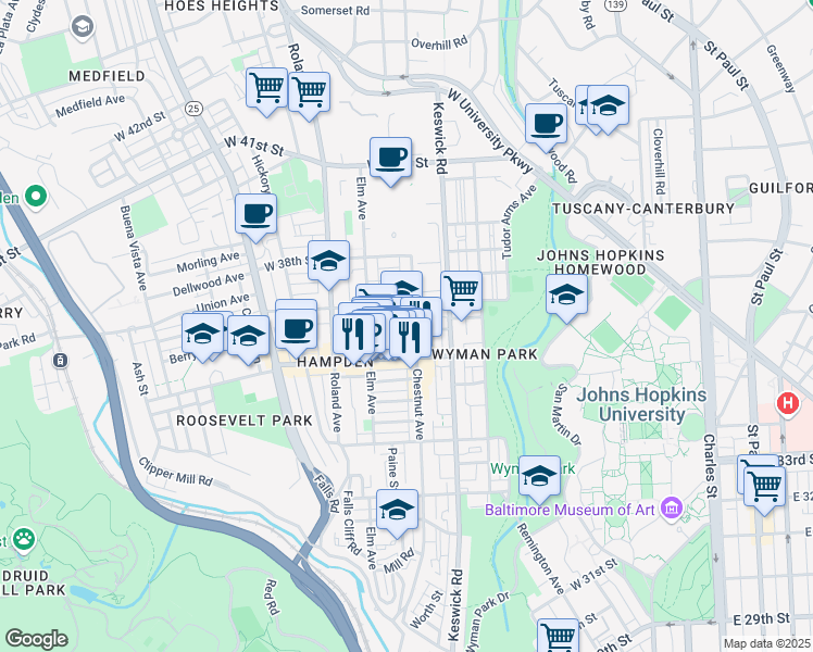map of restaurants, bars, coffee shops, grocery stores, and more near 3608 Chestnut Avenue in Baltimore