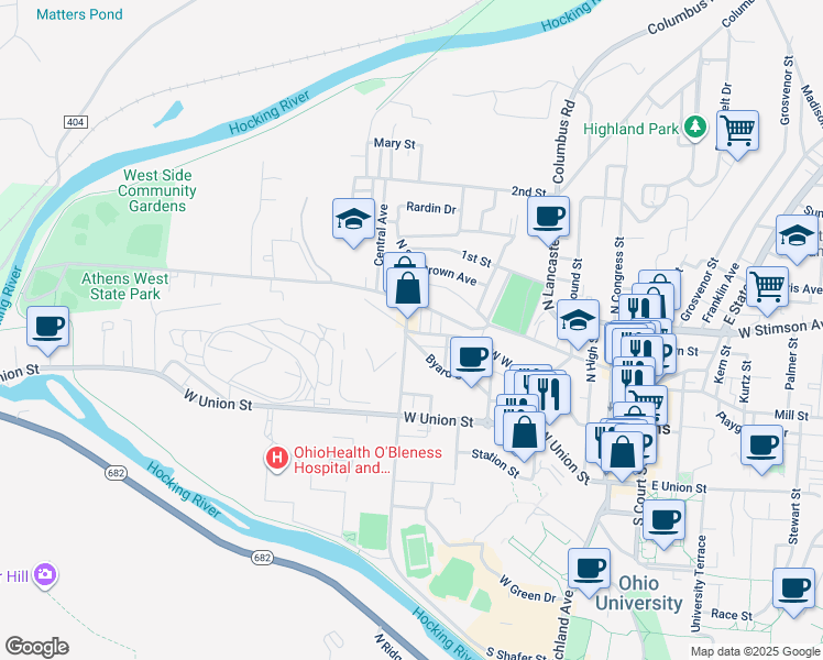 map of restaurants, bars, coffee shops, grocery stores, and more near 234 West Washington Street in Athens