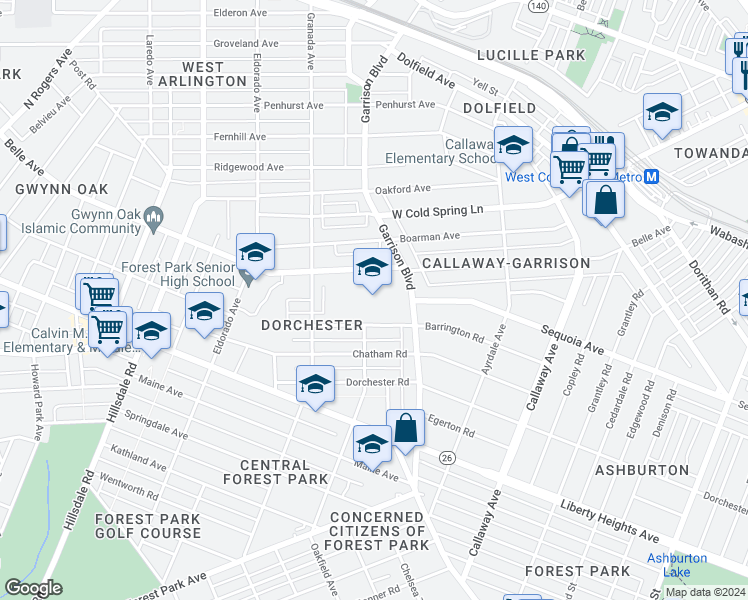 map of restaurants, bars, coffee shops, grocery stores, and more near 3910 Barrington Road in Baltimore