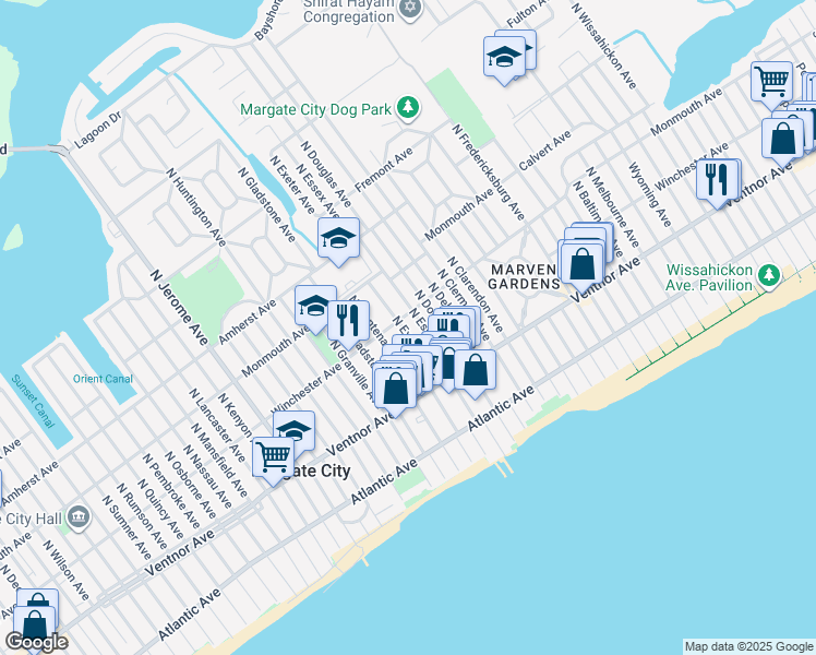 map of restaurants, bars, coffee shops, grocery stores, and more near 37 North Exeter Avenue in Margate City
