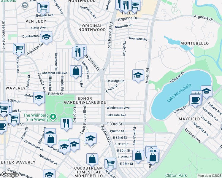 map of restaurants, bars, coffee shops, grocery stores, and more near 1522 E 36th St in Baltimore