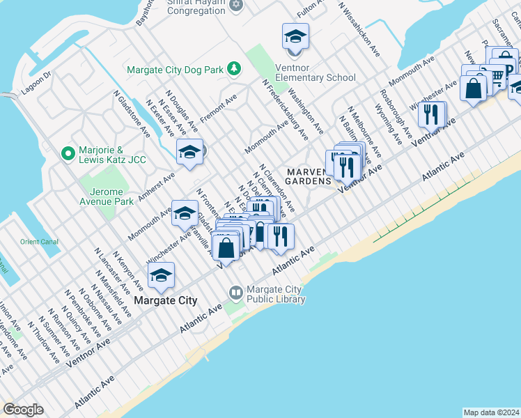 map of restaurants, bars, coffee shops, grocery stores, and more near 21 North Douglas Avenue in Margate City