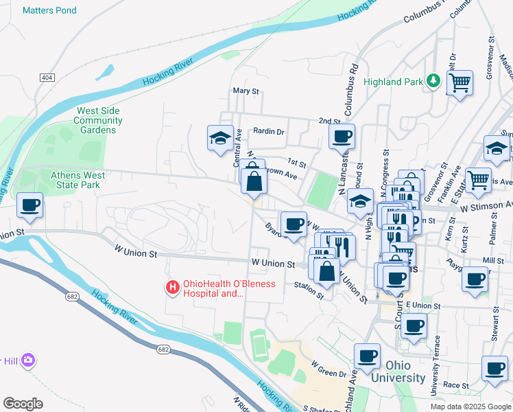 map of restaurants, bars, coffee shops, grocery stores, and more near 234 West Washington Street in Athens