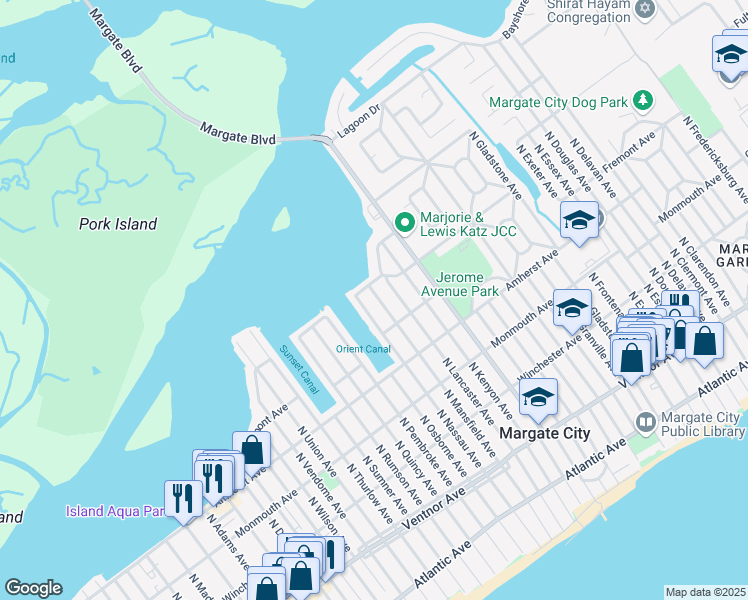 map of restaurants, bars, coffee shops, grocery stores, and more near 416 North Mansfield Avenue in Margate City