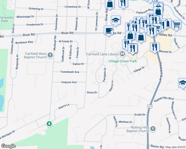 map of restaurants, bars, coffee shops, grocery stores, and more near 5381 Southgate Boulevard in Fairfield
