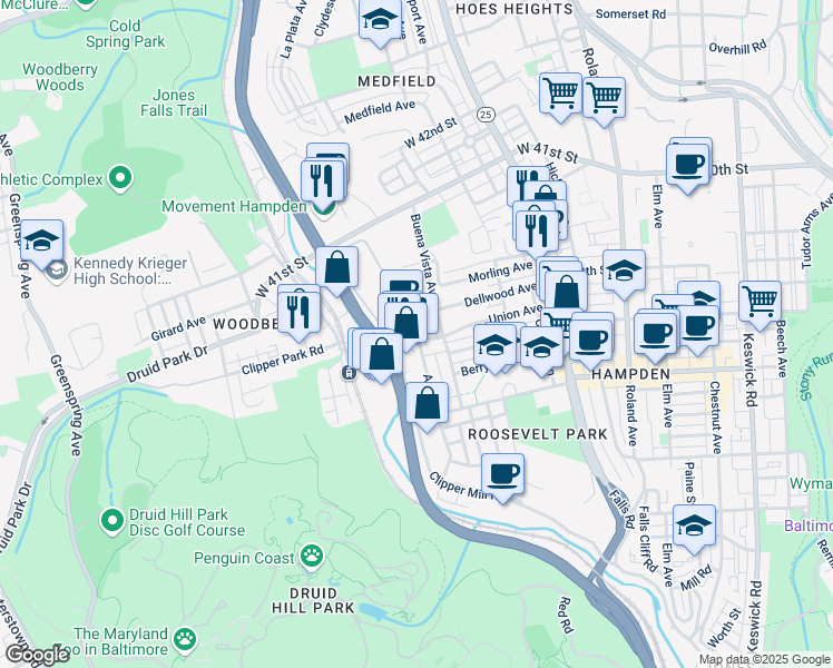 map of restaurants, bars, coffee shops, grocery stores, and more near 1500 Union Avenue in Baltimore