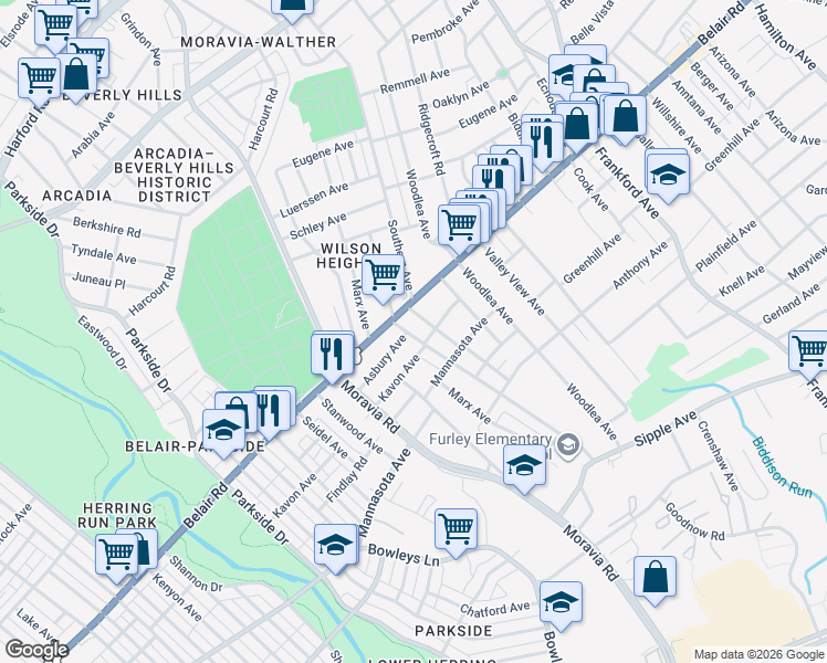map of restaurants, bars, coffee shops, grocery stores, and more near 4206 Furley Avenue in Baltimore