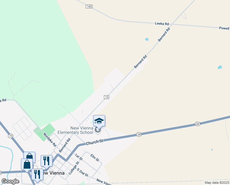 map of restaurants, bars, coffee shops, grocery stores, and more near 692 Bernard Road in New Vienna
