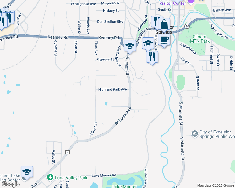 map of restaurants, bars, coffee shops, grocery stores, and more near 114 Highland Park Avenue in Excelsior Springs