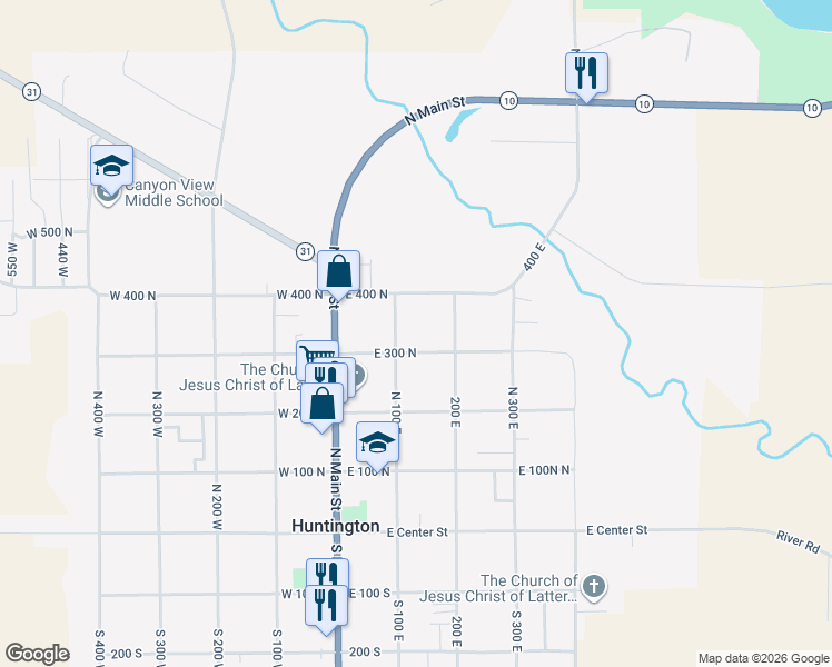 map of restaurants, bars, coffee shops, grocery stores, and more near 150-198 East 400 North in Huntington