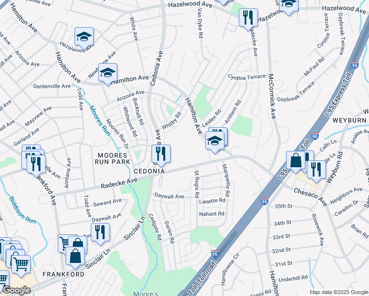 map of restaurants, bars, coffee shops, grocery stores, and more near 6000 Radecke Avenue in Baltimore