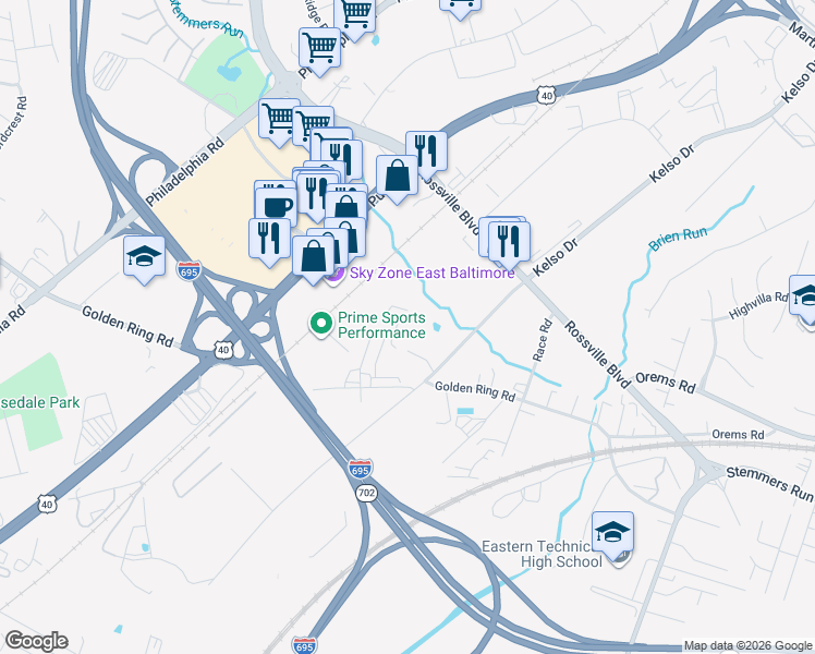 map of restaurants, bars, coffee shops, grocery stores, and more near 8620 Kelso Drive in Essex