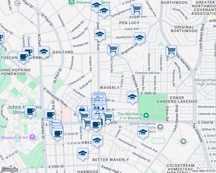 map of restaurants, bars, coffee shops, grocery stores, and more near 3606 Old York Road in Baltimore