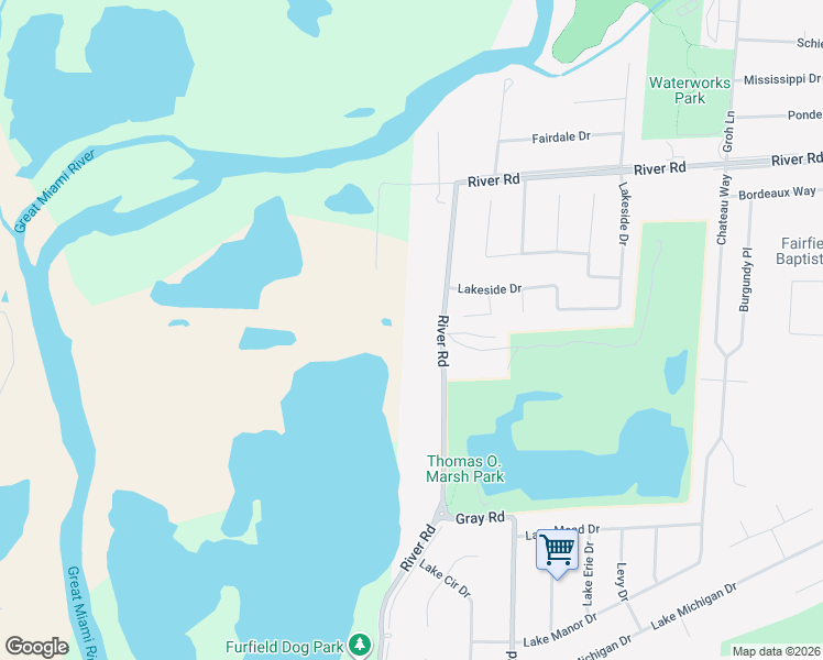 map of restaurants, bars, coffee shops, grocery stores, and more near 6271 River Road in Fairfield