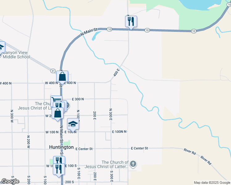 map of restaurants, bars, coffee shops, grocery stores, and more near 380 North 300 East in Huntington