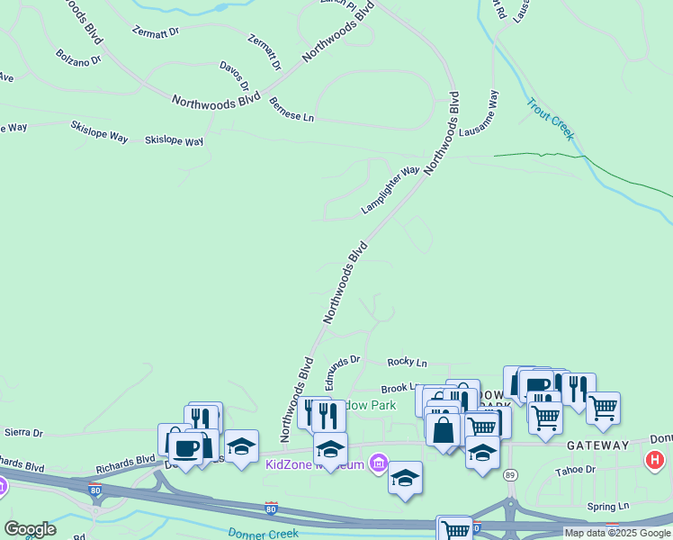 map of restaurants, bars, coffee shops, grocery stores, and more near 11734 Cedar Trail in Truckee