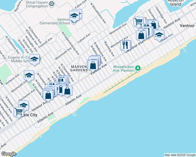 map of restaurants, bars, coffee shops, grocery stores, and more near 10 South Washington Avenue in Ventnor City