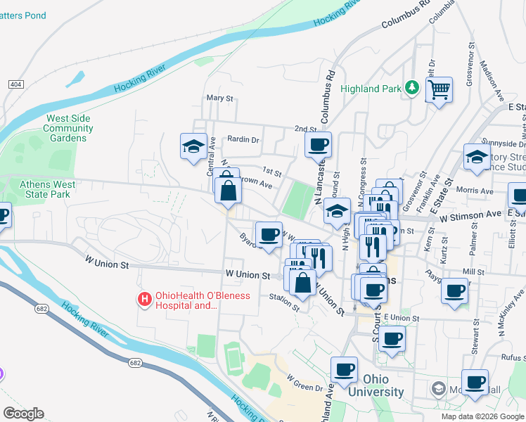 map of restaurants, bars, coffee shops, grocery stores, and more near 12 Miller Street in Athens