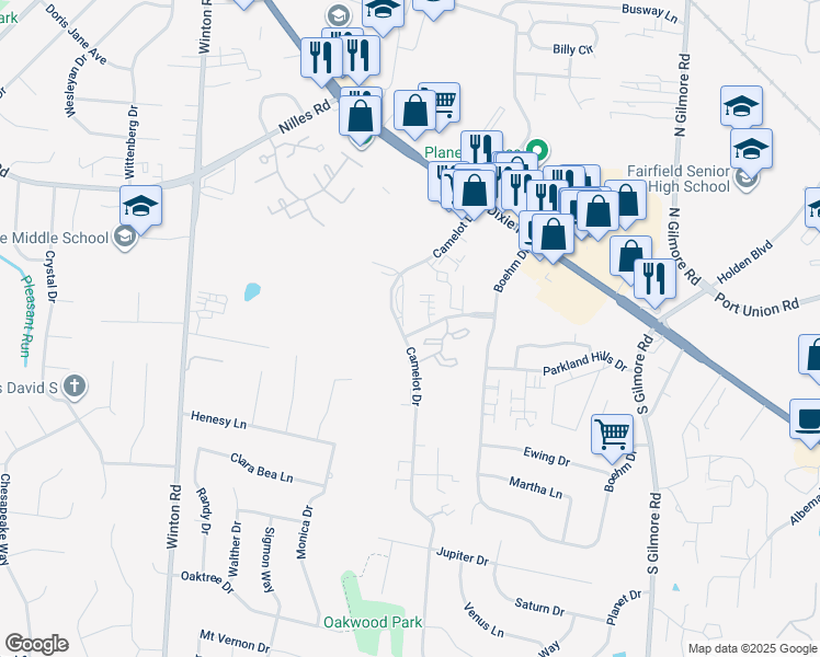 map of restaurants, bars, coffee shops, grocery stores, and more near 5307 Camelot Drive in Fairfield
