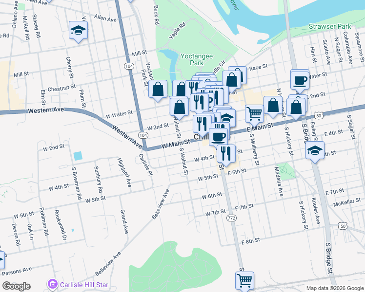 map of restaurants, bars, coffee shops, grocery stores, and more near 73 West Main Street in Chillicothe