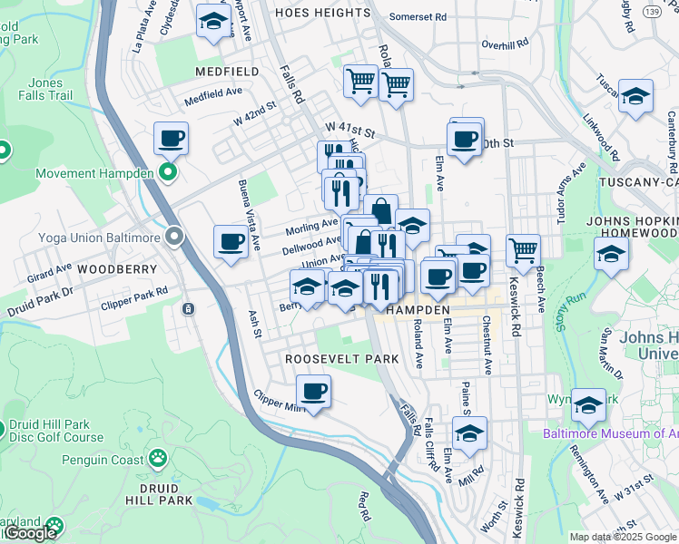 map of restaurants, bars, coffee shops, grocery stores, and more near 1216 West 37th Street in Baltimore